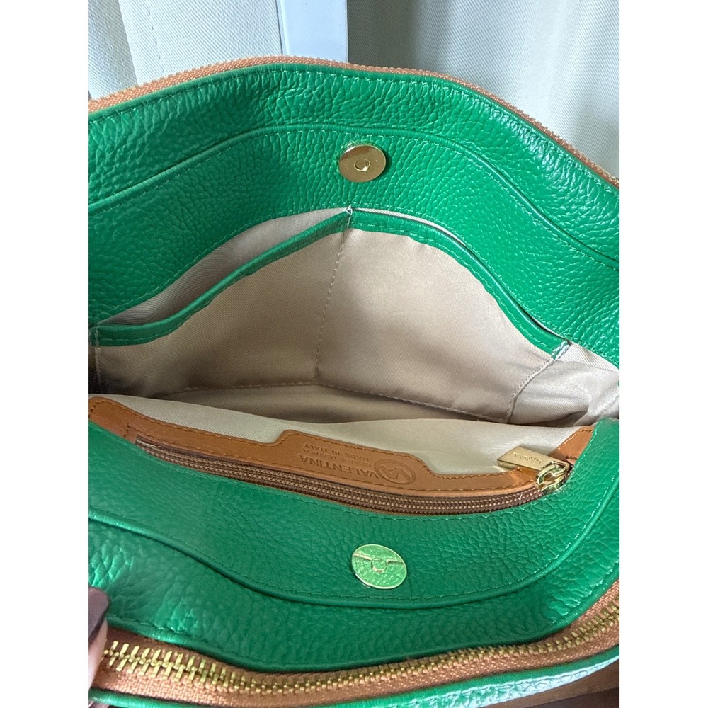 Valentina Green Pebbled Leather Crossbody Bag Made in Italy Tan Straps Gold Tone - Picture 5 of 6
